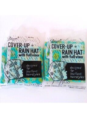Rain Hat Bonnet Cover-Up Full Visor VTG Diane Bouffant Hairstyle Retro Trendy